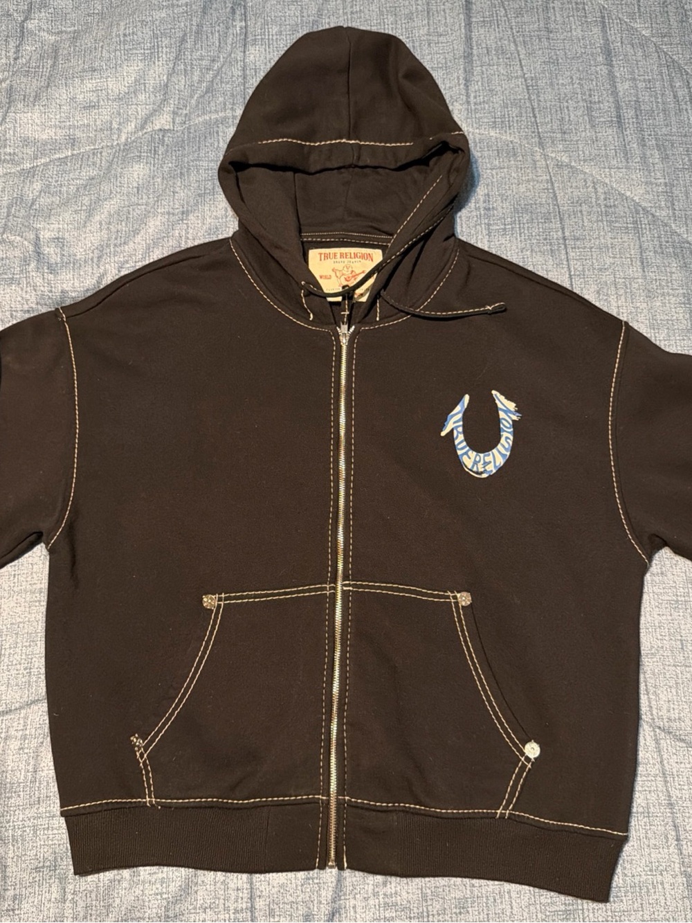True Religion Black Zip-Up Hoodie with Horseshoe Patch